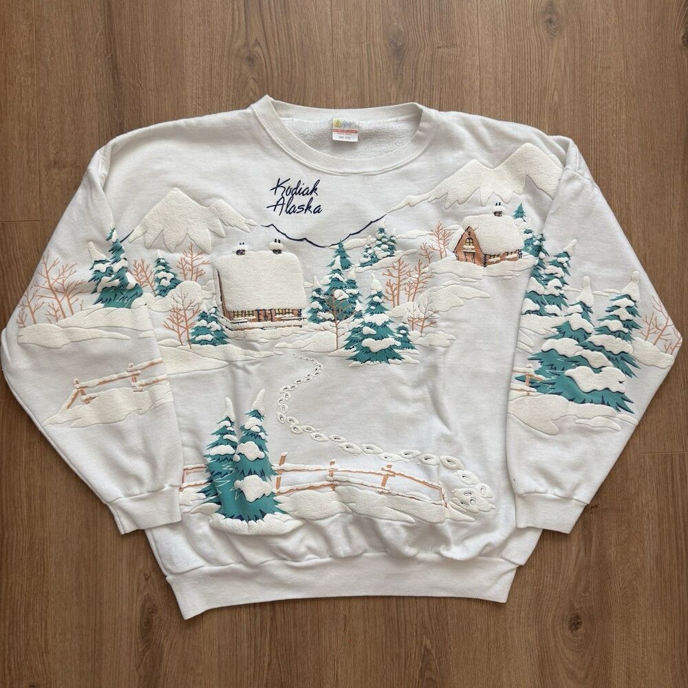 Vintage 90s Kodiak Alaska Puff Print Sweatshirt Scenic Cottage AOP USA Made OS